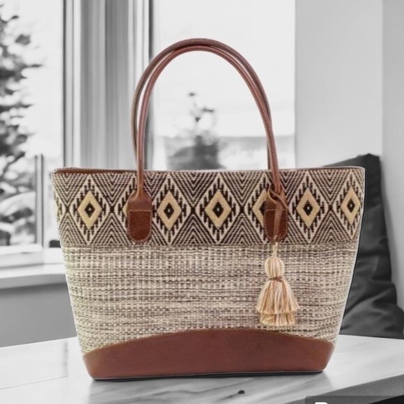 Novica Natural Cotton & Black Diamond Motif Leather Accent Tote Mayan Chic NWOT
